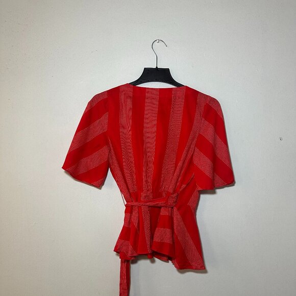 LOFT Red & White Striped Wrap Peplum Top Short Sleeve Blouse S - Picture 4 of 5